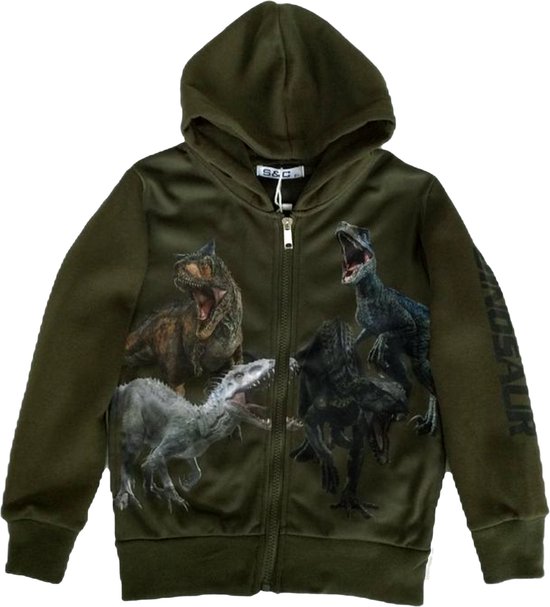 Gilet Kinder avec impression couleur Dino Dinosaurus | Capuche | Couleur vert armée | Taille 98/104 | Sweat | T-rex | De toute beauté !