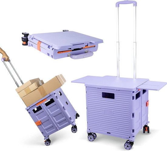 Foto: Opvouwbare plastic trolley op wielen met magnetisch tafelblad en schuifbare hoes zware belasting 55 kg draagbaar voor kamperen en vissen paars boodschappenkrat met wielen