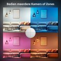 Vier afbeeldingen van een woonkamer met verschillende sfeerverlichting, met een Hue Tap Dial Switch in het midden.
