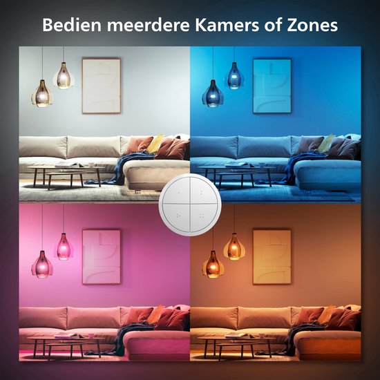 Vier afbeeldingen van een woonkamer met verschillende sfeerverlichting, met een Hue Tap Dial Switch in het midden.