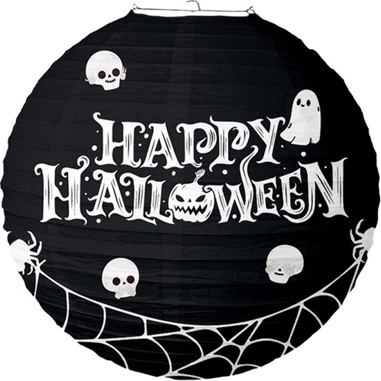 Zwarte Halloween lampion met "Happy Halloween" tekst, spookjes, schedels en spinnenwebben.