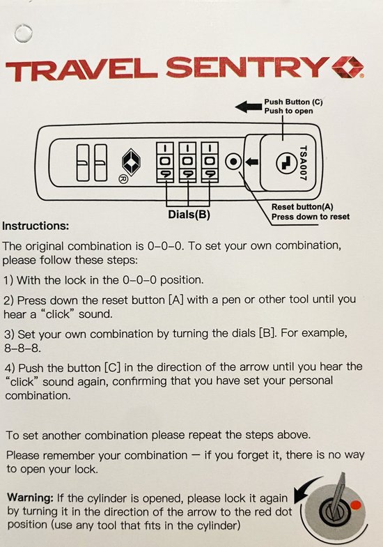 Instructies voor het instellen van de Travel Sentry TSA-combinatieslot.