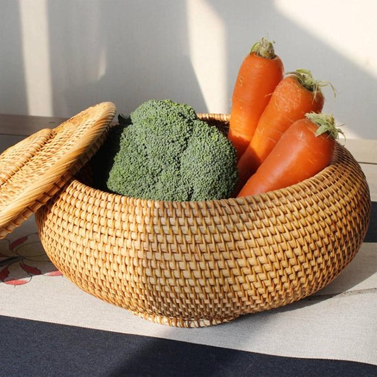 Ronde Rotan Doos, Rieten Fruitmand met Deksel Brood Mand