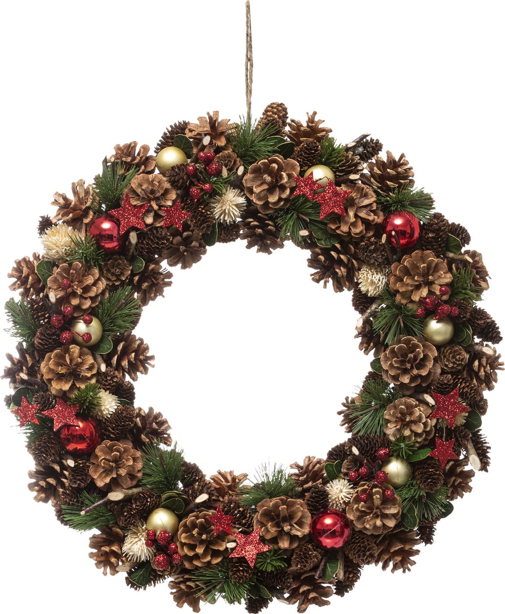 Feeric Christmas Kerstkrans/deurkrans - met kerstversiering - 50 x 8 cm - dennenappels