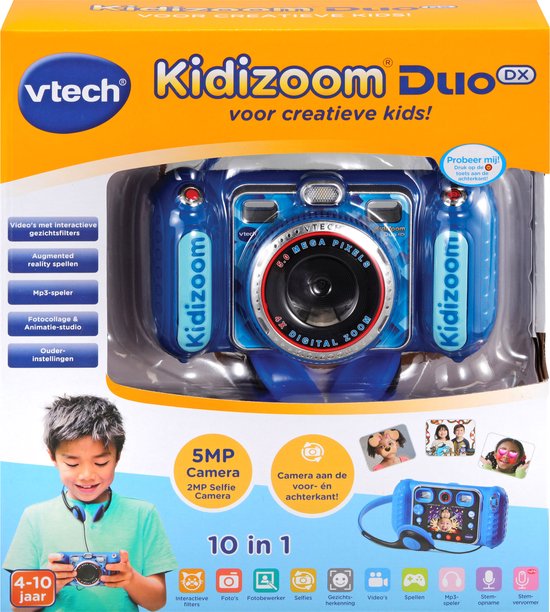 Blauwe VTech KidiZoom Duo DX kindercamera in verpakking, met afbeeldingen van functies.