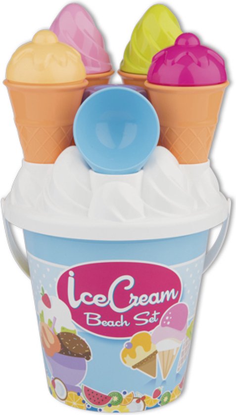 Blauwe 'Ice Cream Beach Set' emmer met oranje ijshoorntjes met pastelkleurige ijsjes, een blauw schepje en witte opdruk.
