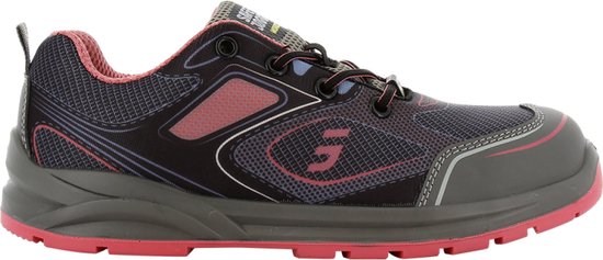Chaussure de travail grise avec mesh foncé, accents roses sur la semelle et le dessus.