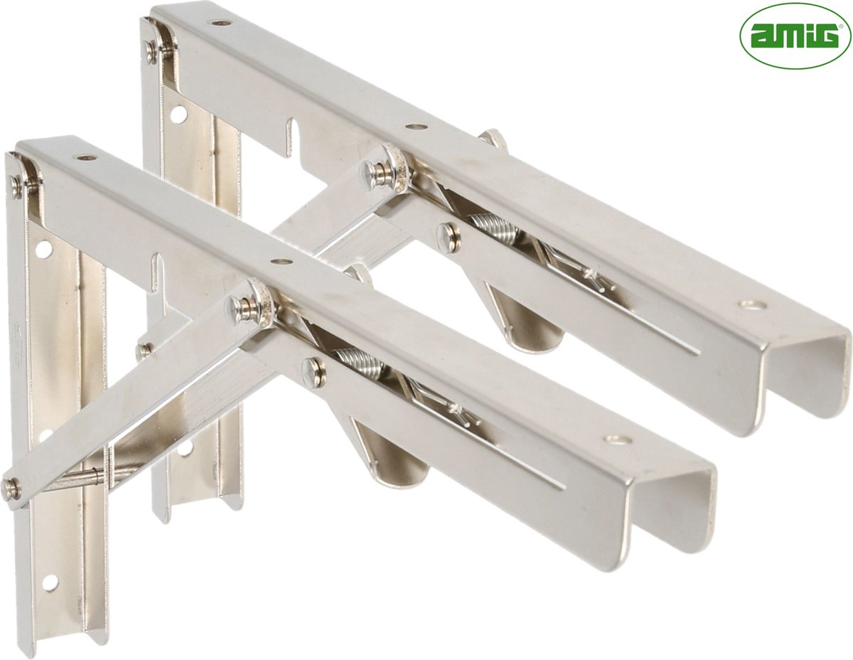 AMIG Inklapbare Plankdrager Metaal – 2 stuks – 300x155mm – Vernikkeld - Opvouwbare Wandsteun Schapdrager