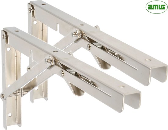 Support d'étagère pliable AMIG - 2 pièces - 200 x 110 mm - Acier nickelé - 40kg