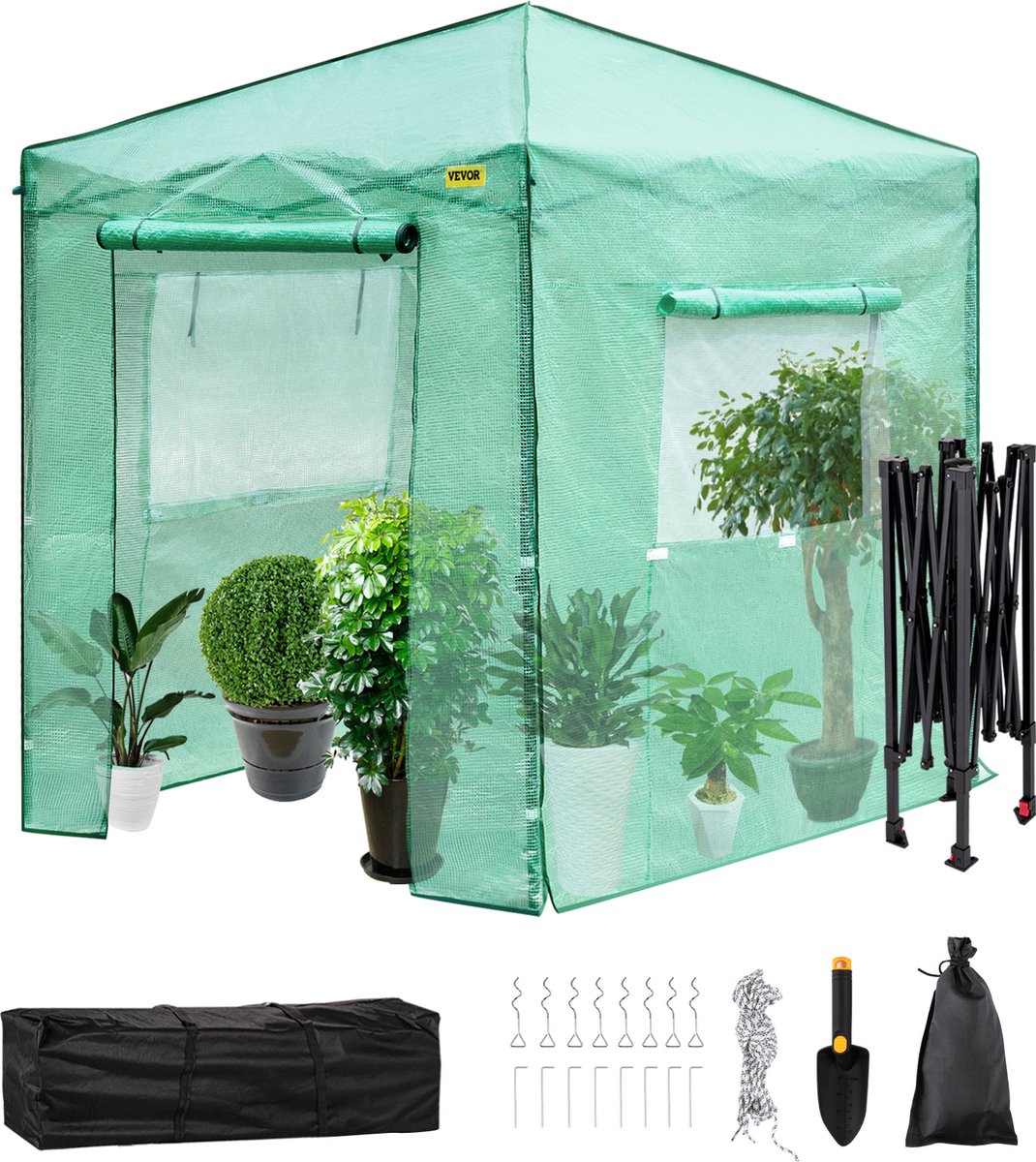 Vevor Pop-Up Broeikas Foliekas Met Twee Oprolbare Deuren Met Ritssluiting 240x 183 x 240 Cm PE Waterbestendige Hoes Met Gepoedercoat Stalen Frame Voor Planten En Opslag Groen