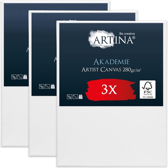 Drie witte Artina Akademie artist canvas schilderdoeken van 280 gr/m².