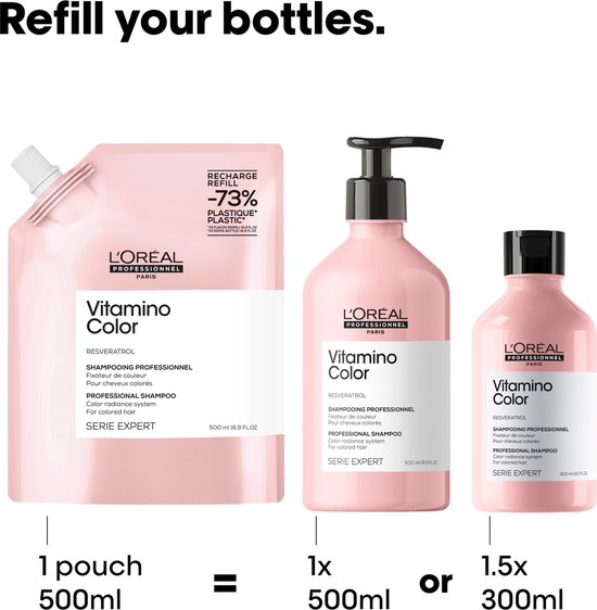 Navulzak L'Oréal Vitamino Color 500ml staat gelijk aan 1x 500ml fles of 1.5x 300ml fles.