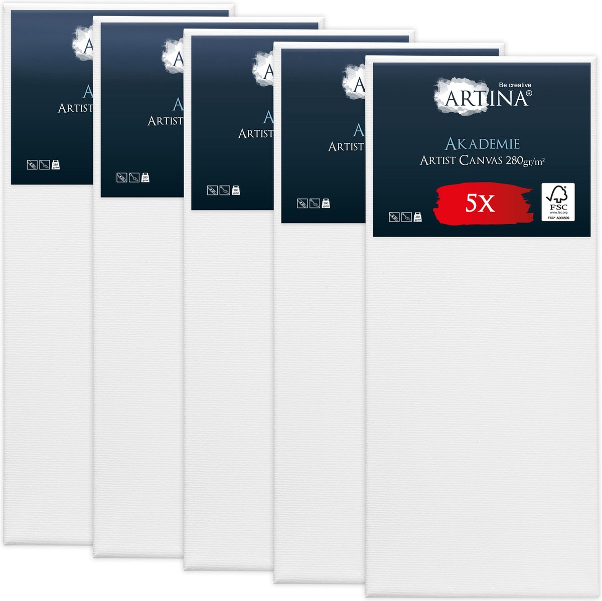 Artina Akademie – Set van 5 Schilderdoeken Canvas 60x140 cm – Spieraam van FSC® Hout – Wit Canvas 100% Katoen – 280 g/m153