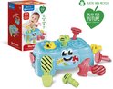Blauwe Clementoni baby werkbank met speelgoed hamers, schroeven en moeren, met de doos.