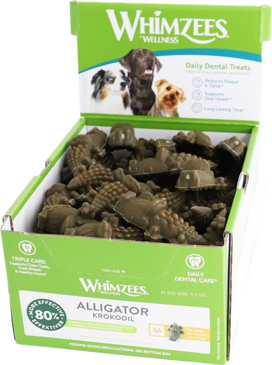 Whimzees Alligator Medium vegetarische tandverzorgingssnack - ondersteunt het verwijderen van tandplak en tandsteen bij het kauwen. 1 doos 65 stuks
