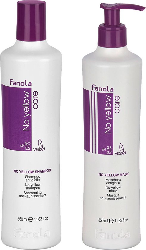 Twee witte flessen met paarse doppen en labels. De linker is een shampoo, de rechter is een masker.