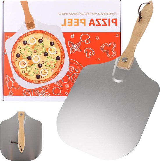 Pizzaschep van aluminium met houten handvat en een doos met een geprinte pizza.