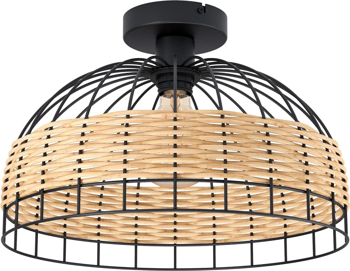 Plafondlamp 1 lichtpunt vintage bohostijl zwart rotan E27 fitting