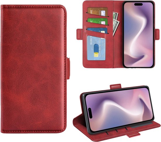Mobiq - Étui portefeuille en cuir PU avec fermeture iPhone 16 - rouge