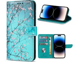 Multimedia & Accessoires Lederen Book Case Hoesje geschikt voor Apple iPhone 16 – Sierkers - Bloemen – Blauw -Telefoonhoesje – Met Stand – Kaarthouder – Pasjes Houder – Magneet Sluiting – Bookcase