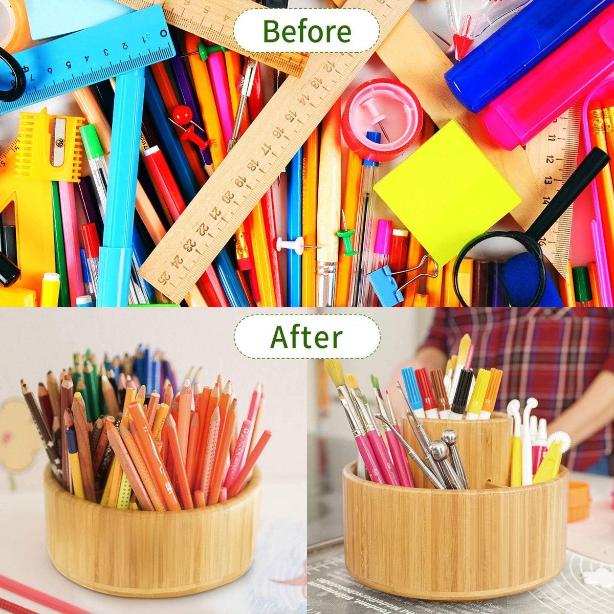 Bamboo Desk Organiser 360 Degree Rotation for Art Supplies, Crayons, Brushes, Classroom, Art Studio and Office