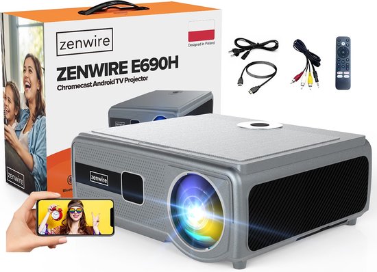 Beamer Zenwire E690H - Projector met officiële Android TV 11, Full HD 1080p, 4K-ondersteuning, WiFi 6, Bluetooth 5.0, Autofocus, Autokeystone 4D, ZOOM, Chromecast, Miracast, Airplay, 30000 Lumen, HDR, 300 inch scherm