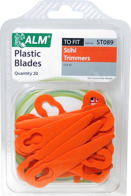 Emballage de 20 lames de coupe ALM en plastique orange pour tondeuses Stihl.