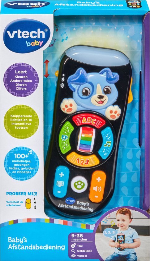 De verpakking van VTech Baby's Afstandsbediening met uitleg en een afbeelding van het product.