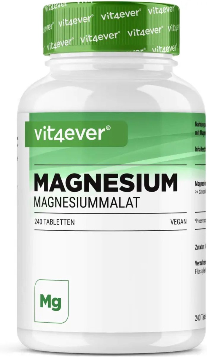 Goedkoopste Magnesiummalaat - 240 tabletten met 1000 mg - Hooggedoseerd magnesiummalaat - Hoge biologische beschikbaarheid - Zonder ongewenste toevoegingen - Veganistisch