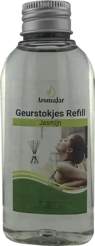 Aromajar navulfles voor geurstokjes met jasmijngeur, voorzien van een etiket met een ontspannende vrouw.