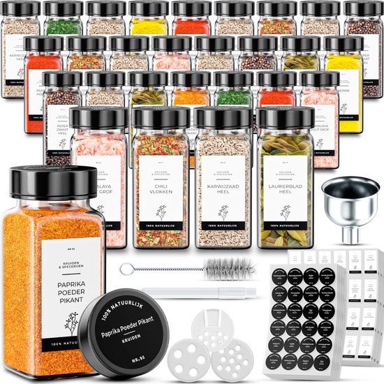 Foto: Organess 28 glazen kruidenpotjes vierkant met zwarte deksel 3 soorten strooideksels kruidenstrooier spice jars complete set incl kruiden stickers krijtstift en accessoires 120ml