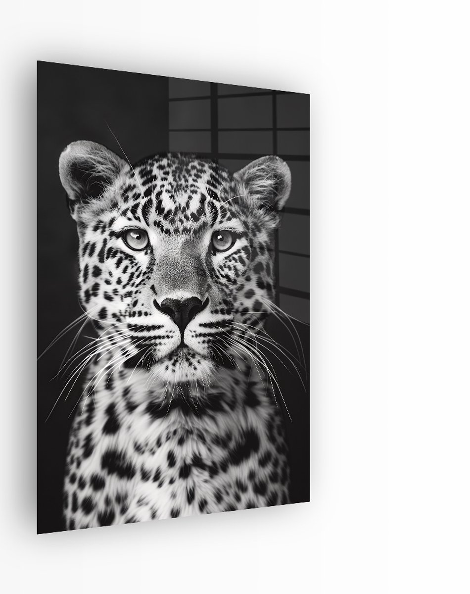 Indoorart Glasschilderij Luipaard Zwart Wit 80x120 CM - Afbeelding op plexiglas - Inclusief montagemateriaal zwart, wit