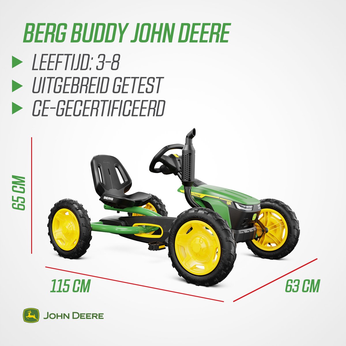 BERG Buddy John Deere® Skelter - 3+ Jaar - Verstelbare Stoel - Vrijloopautomaat - Officieel licentiemodel - Groen/Geel — afbeelding 4