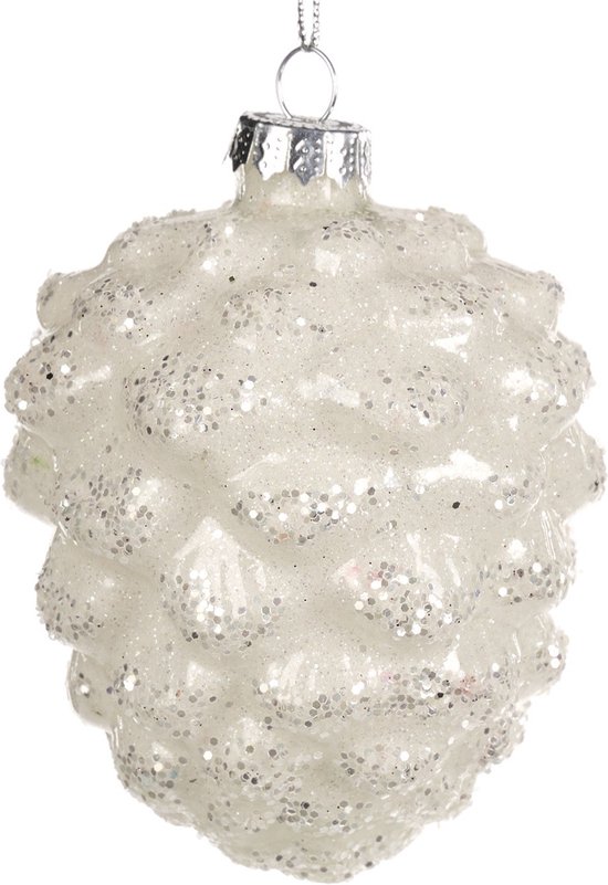 Goodwill Boule de Noël Pomme de Pin Glas Wit H 10 cm Offre Spéciale Par 3 Pièces