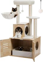 Amalee - Krabpaal - Inclusief opbergkast voor kattenbak - Met Opvouwbaar kattenbak - 4 niveaus - 127 cm hoog - Massief hout