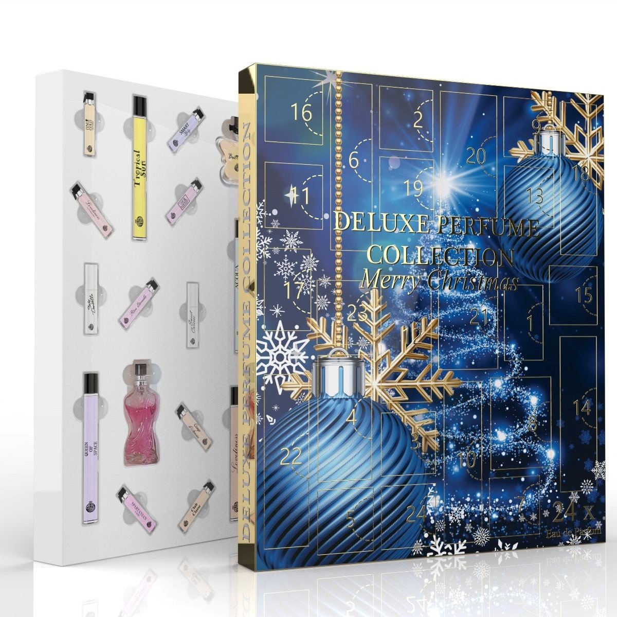 Luxe Adventskalender met 24 mini eau de parfum flesjes kleur blauw op Prijzenvolger.com