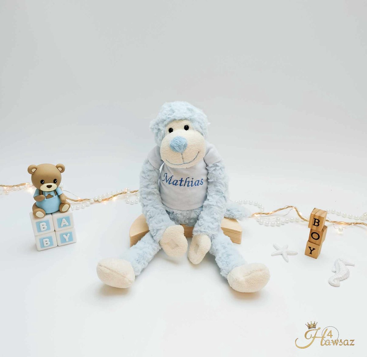 Goedkoopste Slingeraapje met naam geborduurd 1 stuk - Hawsaz.nl cadeau - Baby knuffel met naam Blauw - Geboortecadeau - Cadeau voor jongens en meisjes - Verjaardag cadeau - Baby en peuter cadeau - Kraamcadeau - Gepersonaliseerde - Fluffy knuffel -Kado met naam