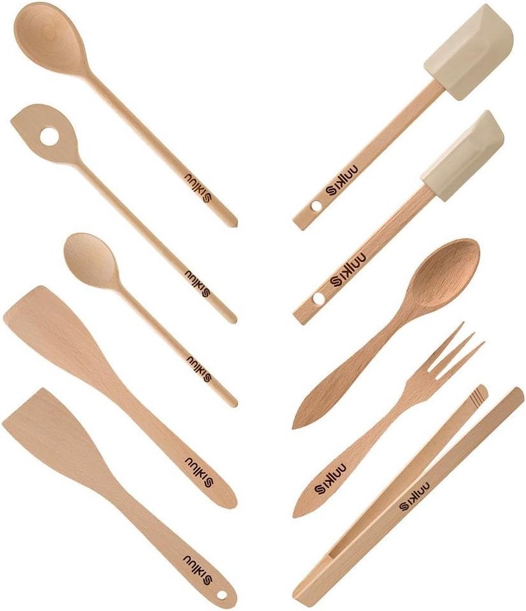 Houten Keukengerei Kookgerei Set Milieuvriendelijke Keukenhulpmiddelen Koken Lepel Deegschraper Deegspatel Bakken Schep Grill Tangen Salade Schotel Grill Tongs (17-delig)