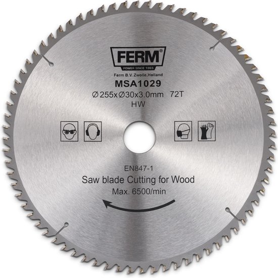 Foto: Ferm msa1029 zaagblad 255x30 16mm t72 tct tanden diameter 255mm asgat 30mm 16mm universeel voor zagen van hout zeer geschikt voor msm1038 msm1040 radiaal afkortzaag