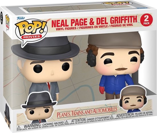 Pop! Movies 2-pack: Neal Page en Del Griffith, Planes, Trains and Automobiles, met waarschuwingstekst.