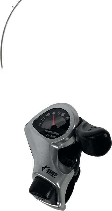 Zilverkleurige Shimano 7-speed SIS INDEX fietshendel met zwarte grip en kabel.