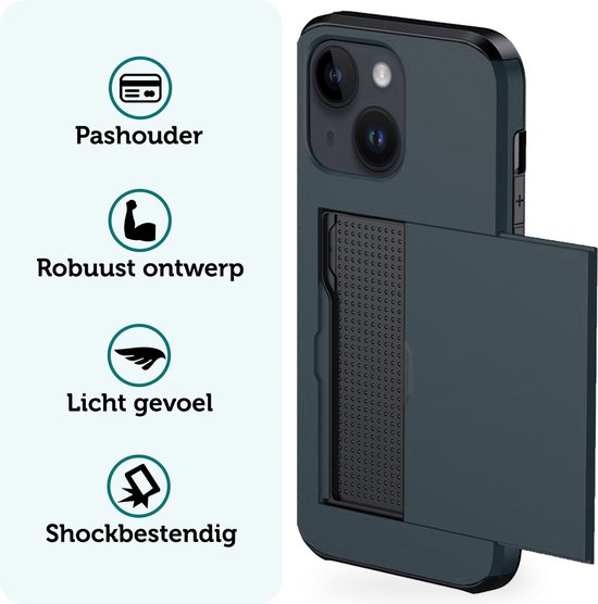 Hoesje Geschikt voor iPhone 15 Plus Pashouder Hard Case Hoes Met 2x Screenprotector - Hoes Geschikt voor iPhone 15 Plus Hoesje Back Cover Met Pasjeshouder - Donkerblauw