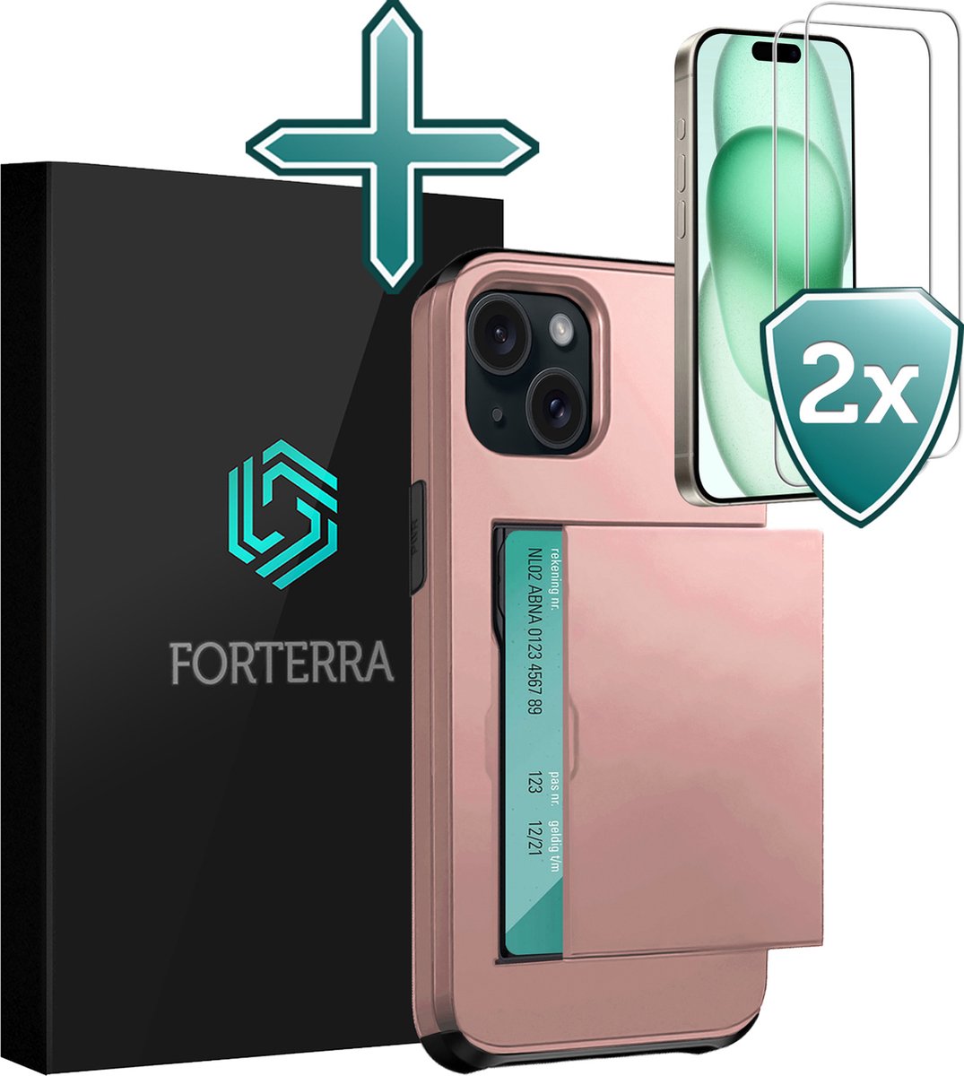 Hoesje Geschikt voor iPhone 15 Plus Pashouder Hard Case Hoes Met 2x Screenprotector - Hoes Geschikt voor iPhone 15 Plus Hoesje Back Cover Met Pasjeshouder - Rosé goud