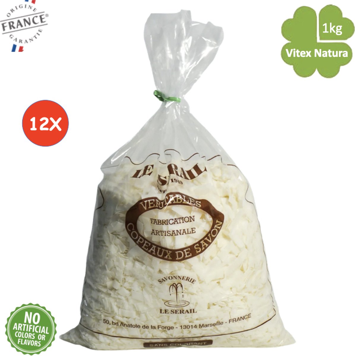 Goedkoopste 12 x 1 kg Ecologische parfum vrije Marseillezeep zeep vlokken NATUREL Merk Le Serail VOORDEEL PAKKET