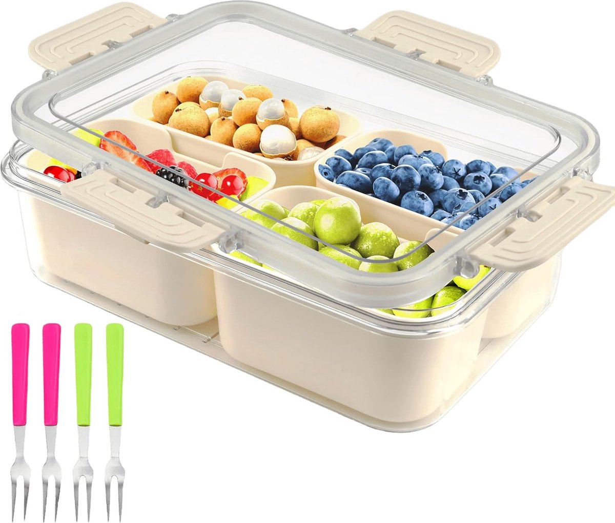 4-Compartiment Snackbox met Deksel, Fruitbox, Ideaal voor Kantoor en Kinderen
