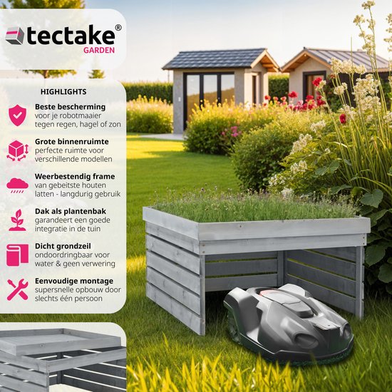 tectake® Garage pour robot tondeuse | Logement en bois avec toit vert, jardinière, bac à fleurs | Rangement de jardin pour tondeuse à gazon | Résistant aux intempéries et aux UV