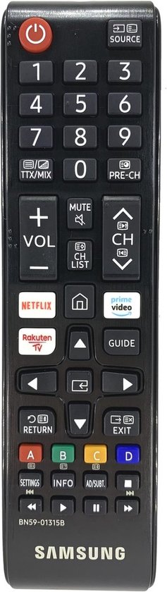 Zwarte Samsung afstandsbediening BN59-01315B met Netflix en Prime Video knoppen.