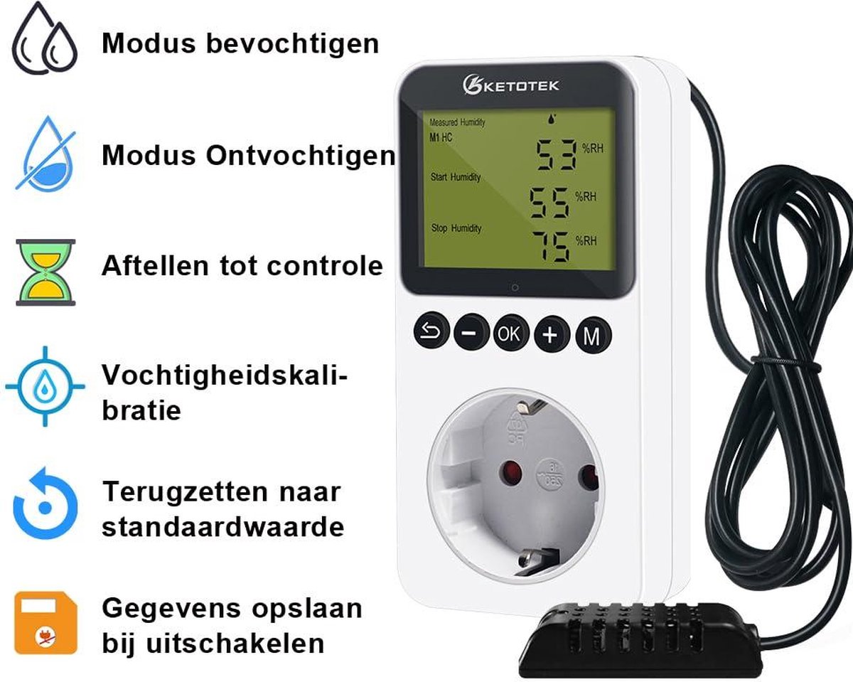 230 V temperatuur- en vochtigheidsregelaar met sonde, digitale thermostaat, hygrostaat met 230 V temperatuur- en vochtigheidsregelaar met sonde, digitale thermostaat, hygrostaat met
