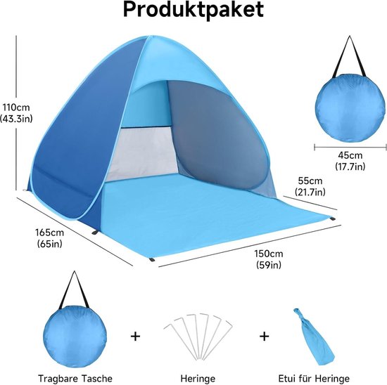 Pop-up Draagbare Strandtent lichtgewicht automatische zonnetent 1-2 personen inclusief draagtas en tentstokken - blauw van POP — afbeelding 5