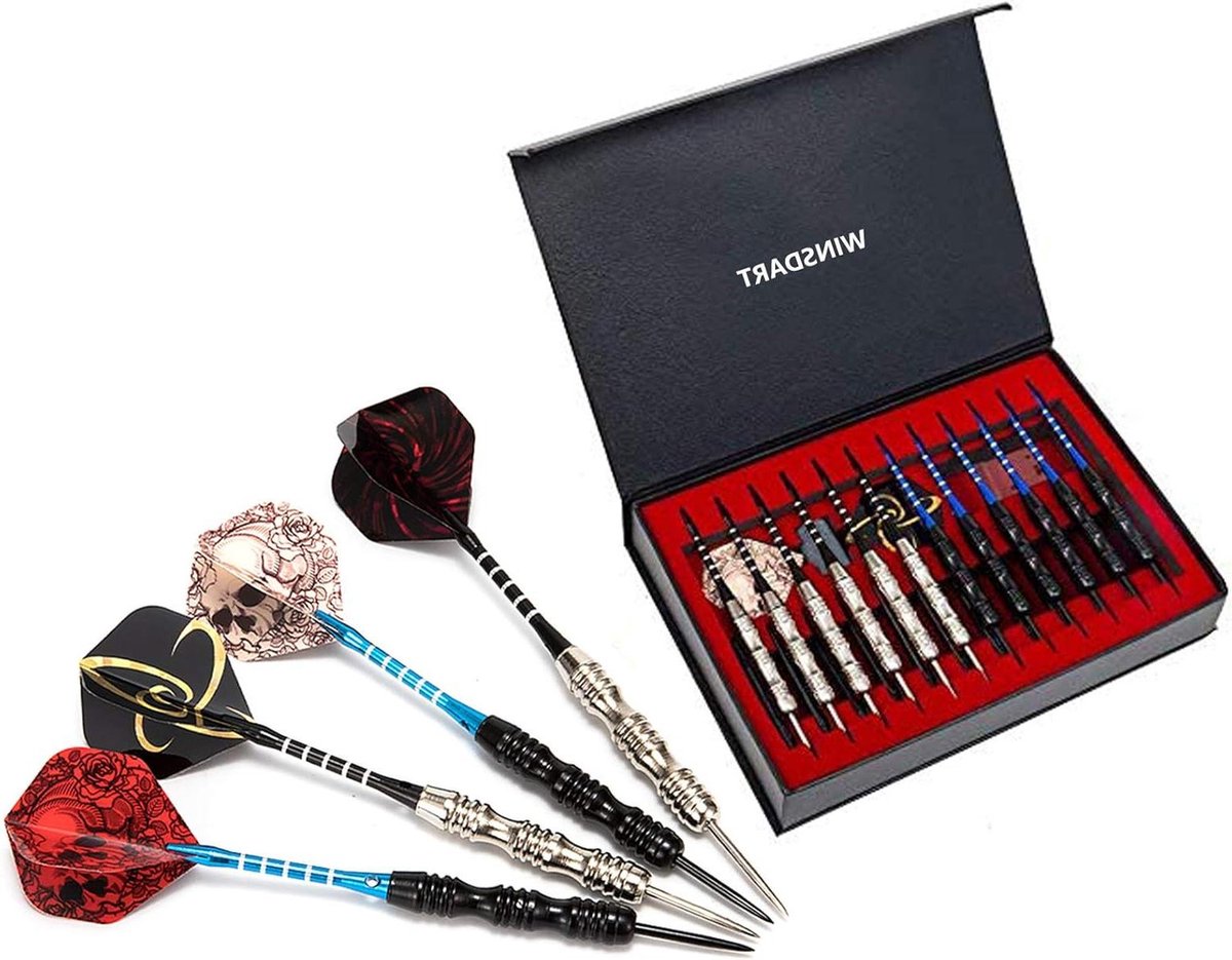 Dartpijlen set 12 stuks 22 gram met stalen tip antislip ijzeren vat Aluminium dartschachten - 2 stijlen vluchten en dartslijper - in geschenkdoos